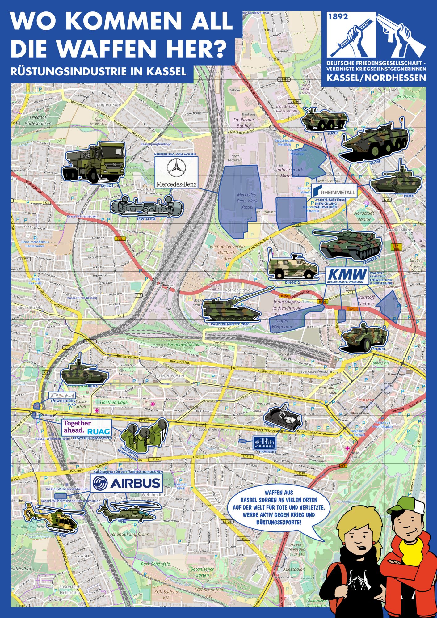 Stadtplan Kassel mit Standorten der Rüstungsindustrie