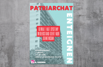 Plakat der Kundgebung "Patriarchat enteignen" vor einer grauen Wand. Das Plakat ist in hellblau und rot gehalten. Die Umrisse eines grauen Hauses sind zu sehen. Weitere Aufschrift: Gewalt hat System! Wiederstand geht nur gemeinsam.  